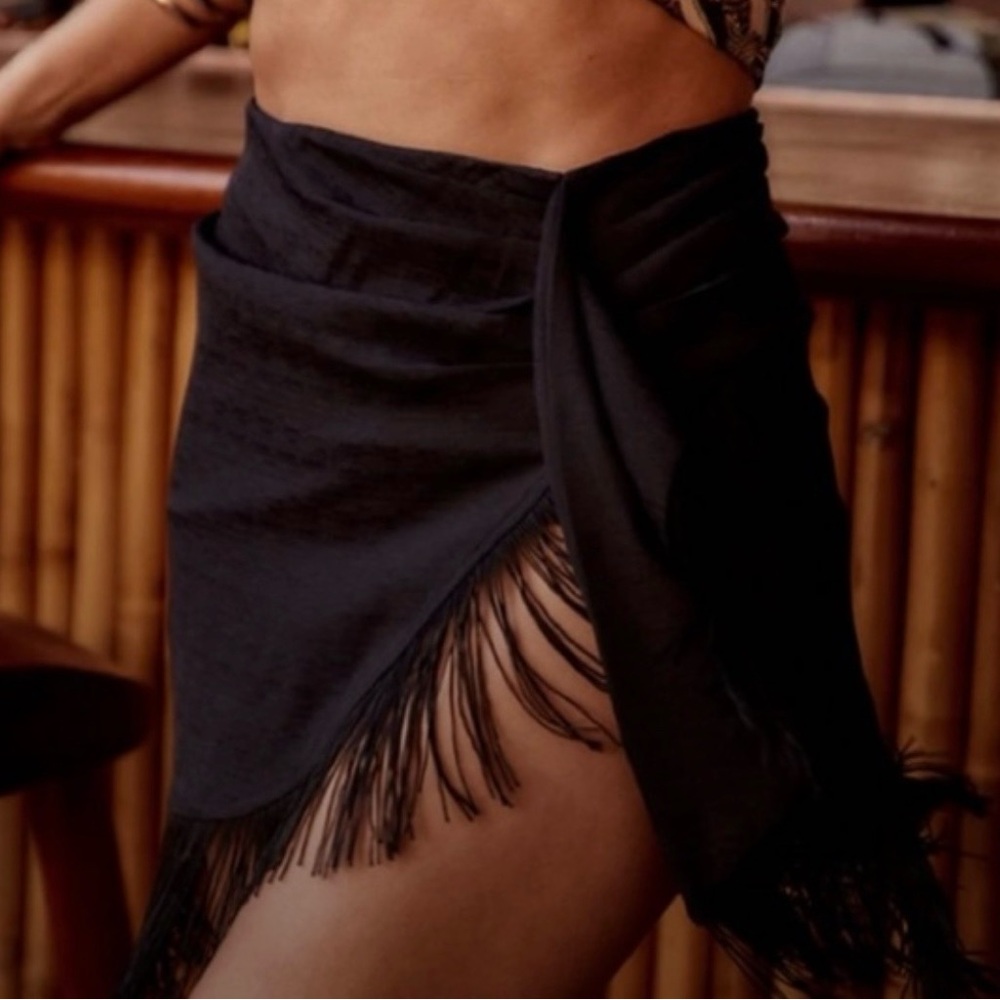 12th Tribe Black Cover-Up Fringe Skirt